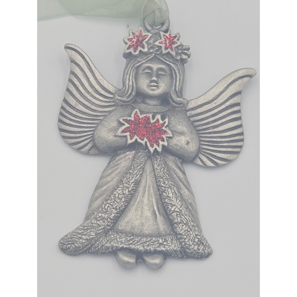 Vintage 2003 Gloria Duchin Pewter Angel Christmas Ornament Red Poinsettia